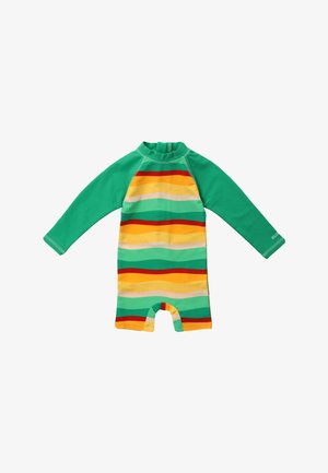 Combinaison de plongée à manches longues pour enfants, de couleur verte. Présente des rayures horizontales jaunes, orange et rouges. Matériau doux et extensible.