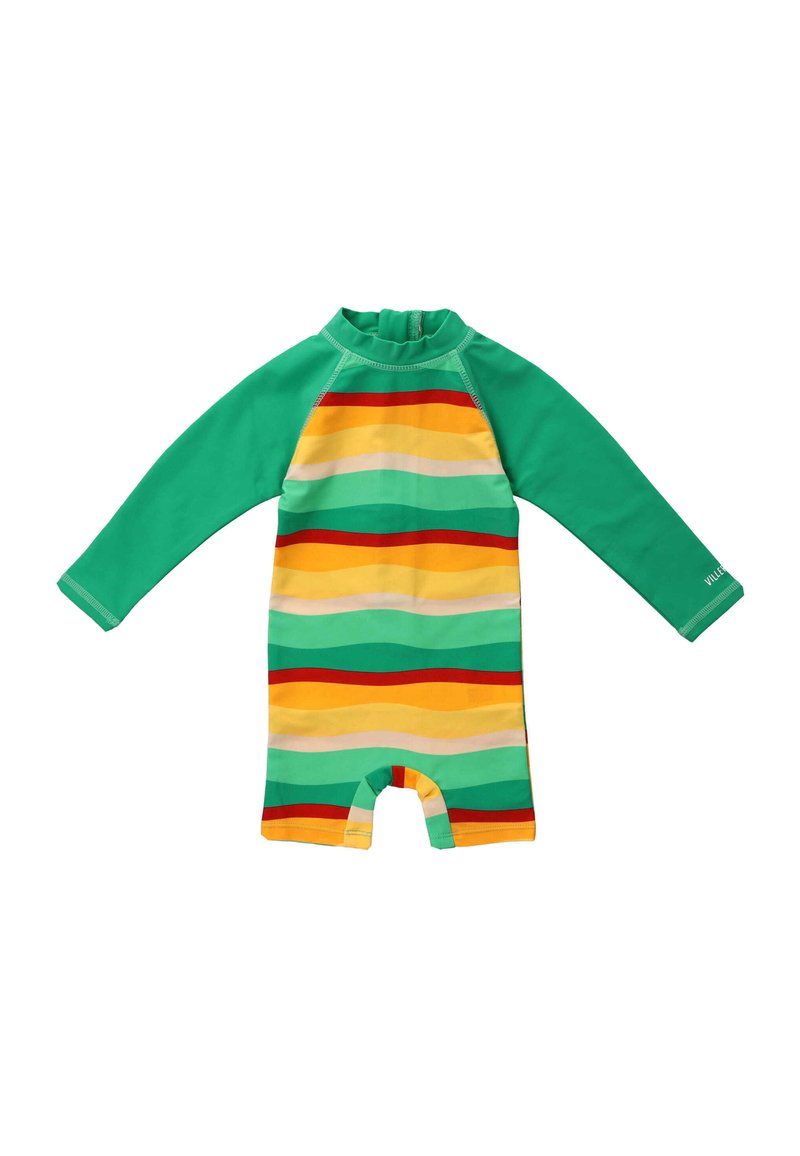 Children's rash guard wetsuit with long green sleeves. Features horizontal stripes in yellow, orange, and red. Soft, stretchy material.