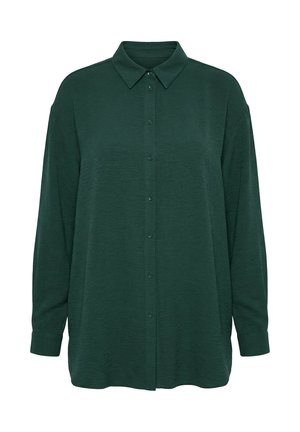 Dunkelgrünes, langärmliges Hemd mit Knopfleiste, spitzem Kragen und lockerem Sitz.