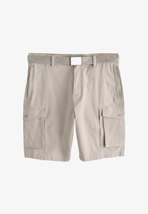 Beige cargo shorts with side buttoned pockets, belt loops, and a matching fabric belt with a rectangular buckle.