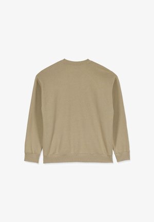 Sweatshirt beige à manches longues, col rond et poignets côtelés. Texture lisse, couleur unie et design minimaliste.