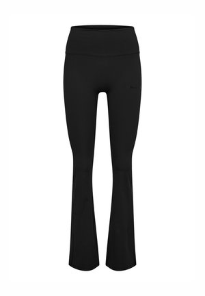 Zwarte leggings met hoge taille en uitlopende pijpen, met een gladde afwerking, aansluitend bij de dijen en uitlopend in een lichte klokvorm.