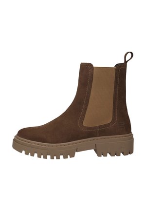 Brown suede ankle boot with elastic side panels and a pull tab, featuring a chunky rubber sole with a textured tread design.