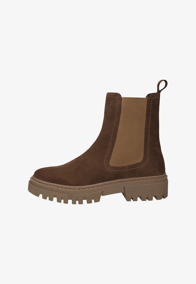 Brown suede ankle boot with elastic side panels and a pull tab, featuring a chunky rubber sole with a textured tread design.