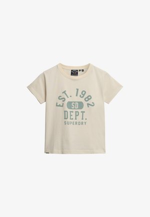T-shirt en coton couleur crème à manches courtes, avec un imprimé graphique indiquant "EST. 1982" et "SUPERDRY" en teal. Col rond.