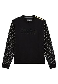 Sweatshirt noir avec le texte en relief "Black Wellis Wellington", corps noir uni, manches à motif avec des clous blancs en design de diamant, boutons dorés.