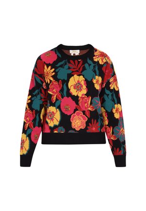 Schwarzer Pullover mit großen roten, gelben und türkisfarbenen Blumenmustern, mit langen Ärmeln sowie gerippten Bündchen und Saum.