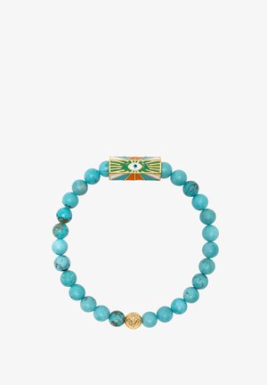 Turkis perlearmbånd med et centralt dekorativt element med et øje-design, fremhævet med guld samt levende grønne og orange nuancer.