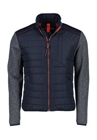 Pánská námorně modrá prošívaná vesta s šedými pletenými dlouhými rukávy, předním zipovým uzávěrem a kapsami na zip.