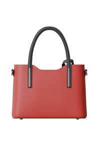 Red structured handbag with smooth faux leather, dual black handles, and silver hardware accents. Features a contrasting top edge.