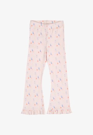 Pantalon pour enfants rose clair avec motifs de chats bleus et oranges et de cœurs, taille élastique et ourlets à volants.
