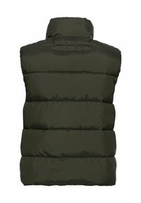 Olivgrüne Pufferweste mit hohem Kragen, gesteppter Optik, dicker Polsterung und einem Label hinten in der Mitte. Glatte Textur und ärmelloses Design.