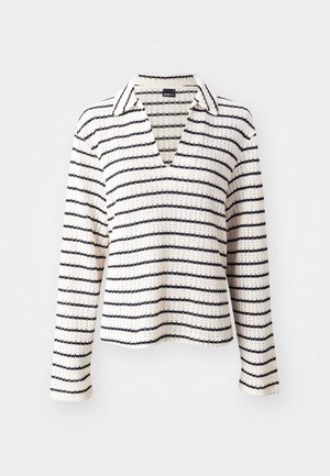 Camisa de manga longa com gola em creme e riscas horizontais em azul-marinho. O material parece texturizado, com um decote em V e um corte descontraído.