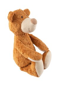 Stuffed bear in soft, orange plush material with a round head, small ears, and a beige snout. It has beige paws and a seated posture.
