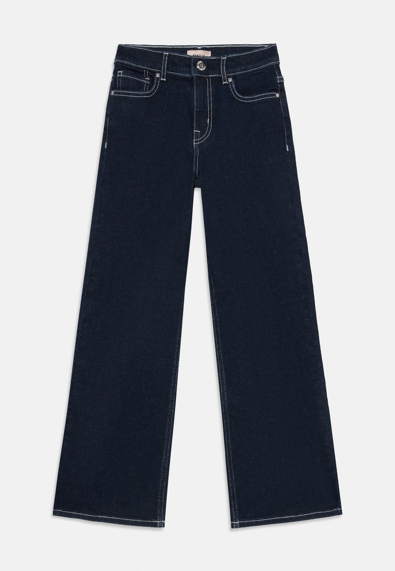 Tumši zilie platās kājas džinsi ar klasisku piecu kabatu dizainu, balto šuvju un priekšējo pogu aizdari. Izgatavoti no izturīga denima materiāla.