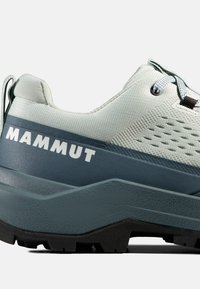 Ανοιχτό γκρι και σκούρο μπλε παπούτσι πεζοπορίας με υφασμένο πέλμα και λογότυπο «MAMMUT» στο πλάι, εμφανίζοντας πλευρικές και οπίσθιες λεπτομέρειες.