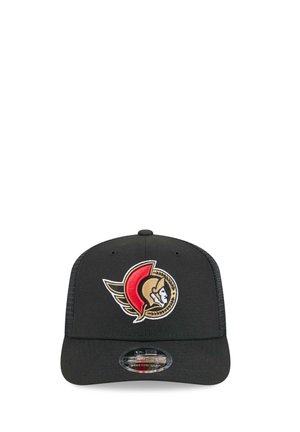 Black baseball cap with red and gold Ottawa Senators logo embroidered on front and a curved brim.