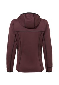 Bordeauxfarbene Kapuzenjacke mit glatter Textur, ausgestattet mit schwarzen Nähten und einer figurbetonten Passform. Sie verfügt über eine Kapuze und lange Ärmel.