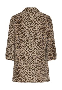 Casaco de camisa com estampa de leopardo, com gola, mangas arregaçadas e um corte descontraído. O tecido é macio, com uma combinação de cores castanho claro e castanho escuro.