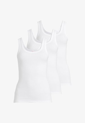 Three white tank tops made of ribbed fabric, featuring a scoop neckline and wide shoulder straps, arranged side by side.