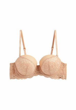 Nude kanten beha met gepadde cups, mesh overlay en decoratieve geschulpte randen. Verstelbare banden met merkimprint.