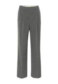 Gray pinstriped trousers with a tailored fit, a flat front, and a wide leg design. Made of a smooth, lightweight fabric.