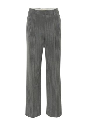 Pantalons gris à rayures fines avec une coupe ajustée, un devant plat et un design à jambe large. Fabriqués en tissu lisse et léger.