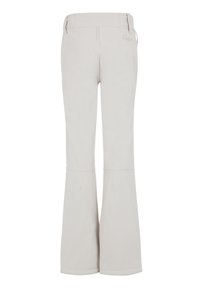 Licht beige broek met een uitlopende onderkant en gestikte details. Beschikt over twee achterzakken en een veilige tailleband.