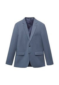 Helles blaues Blazer aus glattem Stoff, mit einer Zweiknopf-Front, mit Revers, zwei Fronttaschen und einer einzelnen Brusttasche.