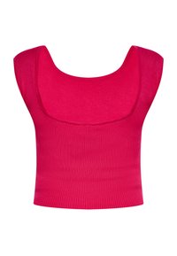 Fittet, ribbet crop top lavet af strækstof i lys pink, med en bred udsnit og uden ærmer. Glat tekstur uden mønstre.