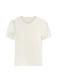 T-shirt bianco con scollo rotondo e maniche corte, caratterizzato da dettagli a ruches testurizzati sulle maniche, realizzato in un tessuto morbido.