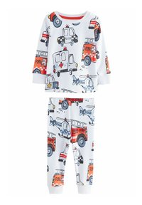 Ensemble de pyjama deux pièces présentant un tissu blanc avec des impressions colorées de véhicules de secours, comprenant des voitures de police, des camions de pompiers et des hélicoptères.