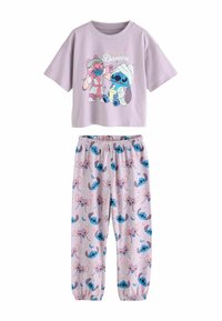 Lila pyjamaset med en kortärmad skjorta som har tecknade figurer och matchande byxor med ett Stitch-mönster. Mjuk bomullsblandning.
