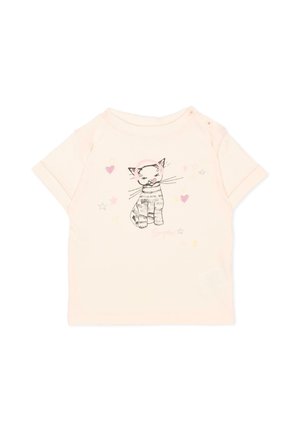 Maglietta per neonati rosa chiaro a maniche corte con spalla abbottonata, con illustrazione di un gattino bianco e nero con cuori rosa e piccole stelle.