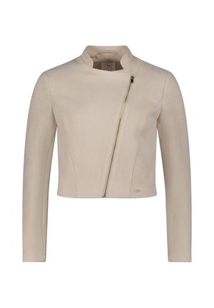 Beige cropped jakke med lange ærmer, høj krave og diagonalt frontlynlås.