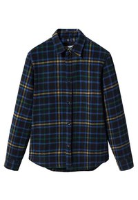 Gekleurde ruitjesoverhemd in zwart, blauw, groen en geel; heeft een knoopsluiting aan de voorkant, een kraag en lange mouwen; gemaakt van flanelstof met een gestructureerde afwerking.