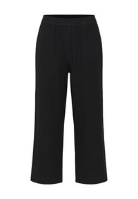 Černé zkrácené kalhoty s elastickým pasem, s hladkou texturou a jednoduchým, rovnými nohavicemi. Bez viditelných vzorů nebo akcentů.