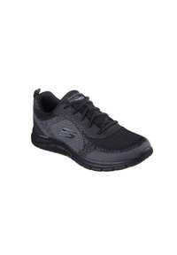 Black athletic shoe with a breathable mesh upper, textured gray accents, cushioned sole, and laces tied. Features a logo on the side.