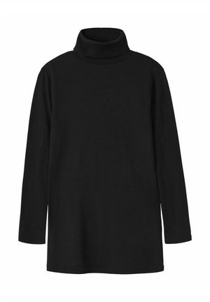 Pull à col roulé noir en matériau doux. Il possède des manches longues et une coupe décontractée, avec un col haut et sans motifs ni accents visibles.