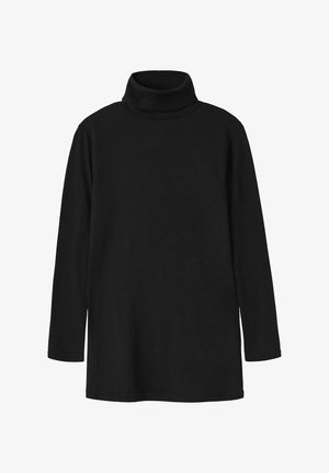 Pull à col roulé noir en matériau doux. Il possède des manches longues et une coupe décontractée, avec un col haut et sans motifs ni accents visibles.