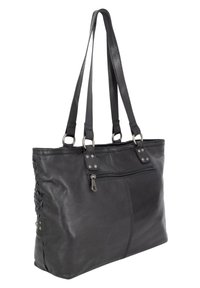 Czarna skórzana torba tote z plecionym detalem po bokach, srebrnymi elementami i dwoma ramiączkami. Posiada kieszeń na zamek z przodu.