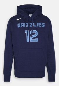 Felpa blu navy con tasca a marsupio, cappuccio con cordini e stampa "GRIZZLIES" e "12" in azzurro chiaro. Logo Nike sulla spalla.