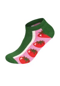 Socken mit kurzem Schaft in Grün oben, pinkem Körper mit roten Tomatenmustern und weißen Akzentstreifen. Hergestellt aus weichem, dehnbarem Stoff.