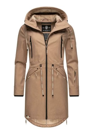 Veste à capuche beige avec une fermeture éclair à l'avant, deux poches poitrine et des cordons de serrage ajustables ; dotée d'un tissu texturé et de fermetures éclair noires contrastantes.
