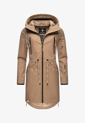 Helle Kapuzenjacke mit Frontreißverschluss, zwei Brusttaschen und verstellbaren Kordelzügen; aus strukturiertem Stoff und mit kontrastierenden schwarzen Reißverschlüssen.