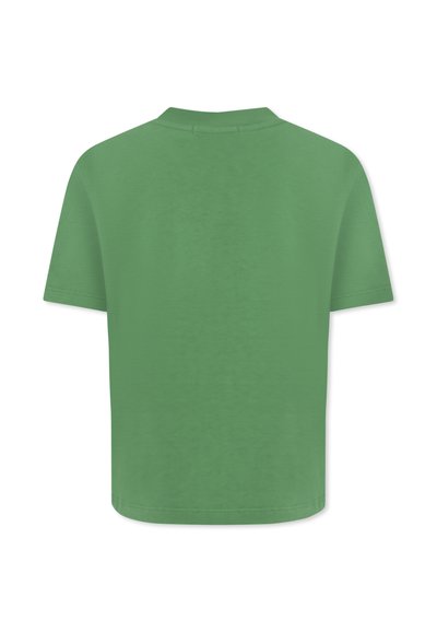 Zielona koszulka z krótkim rękawem, wykonana z miękkiej bawełny. Posiada klasyczny okrągły dekolt i gładką fakturę, z prostym dołem.