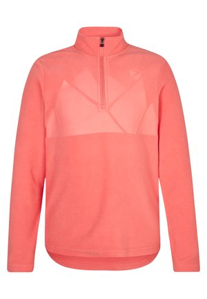 Rosa Fleece-Pullover mit einem Viertelreißverschluss, hohem Kragen und geometrischem Muster im oberen Bereich. Weiche Textur und gerades Saumdesign.