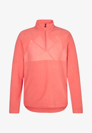Pull en polaire rose avec une fermeture éclair quart, un col montant et un motif géométrique sur la section supérieure. Texture douce et design à ourlet droit.