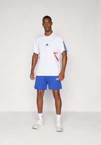 Witte sport t-shirt met rode en blauwe accenten, gecombineerd met blauwe shorts. Bevat drie strepen op de mouwen en een logo op de borst.