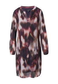 Plissiertes Kleid mit V-Ausschnitt. Verfügt über ein farbenfrohes abstraktes Muster in lila, pink und braun. Lange Ärmel und weicher Stoff.